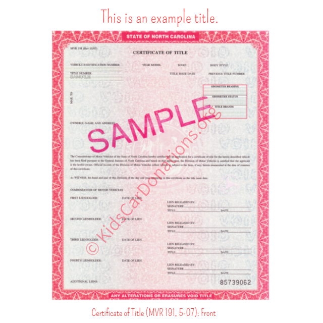 This is an Example of South Dakota Certificate of Title (MVR 191, 5-07)- Front View | Kids Car Donations